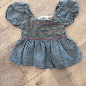 Denim-Look Smocked Peplum Top - Blue